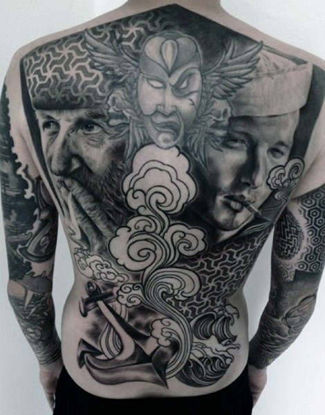 massiccio nero e bianco dettagliato marinai con ancora e onde tatuaggio pieno di schiena