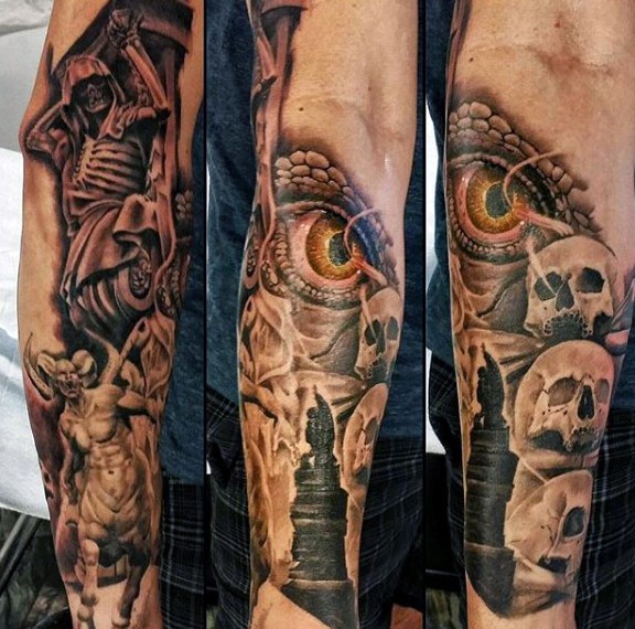 Massive black and white mystic eye with skulls tattoo on sleeve