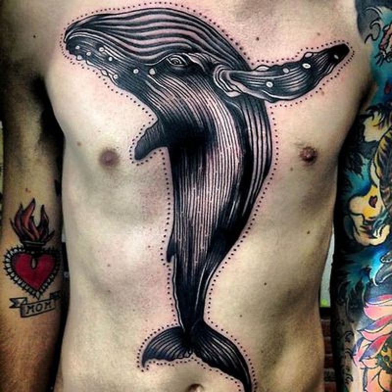 massiccio inchiostro nero eccezionale balena tatuaggio su petto