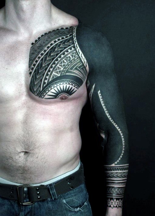 Massive black ink cool Polynesian patterns tattoo on sleeve and chest