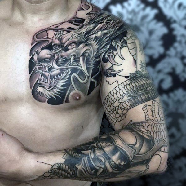 Massive colored bi Asian dragon tattoo on chest with samurai mask