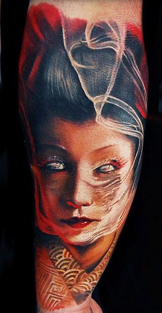 Massive detailed looking colored arm tattoo of steamy Asian woman