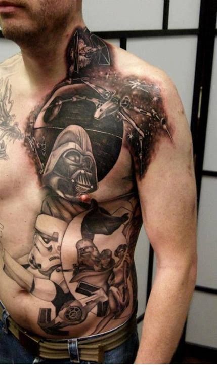 Massive incredible painted colored Star Wars themed half body tattoo