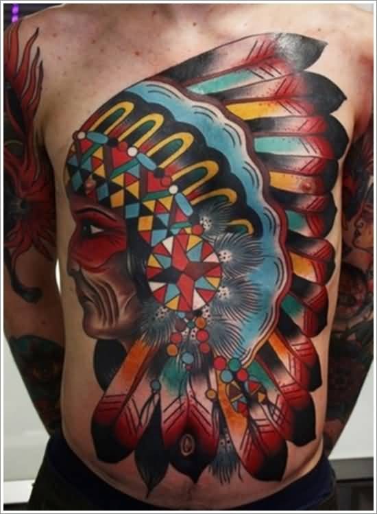 Massive multicolored antic Indian portrait tattoo on whole chest and belly