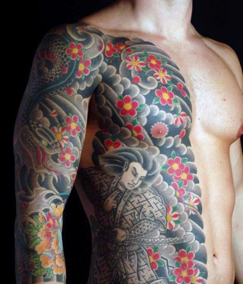 Massive multicolored Asian themed half body tattoo of various flowers with snake and warrior