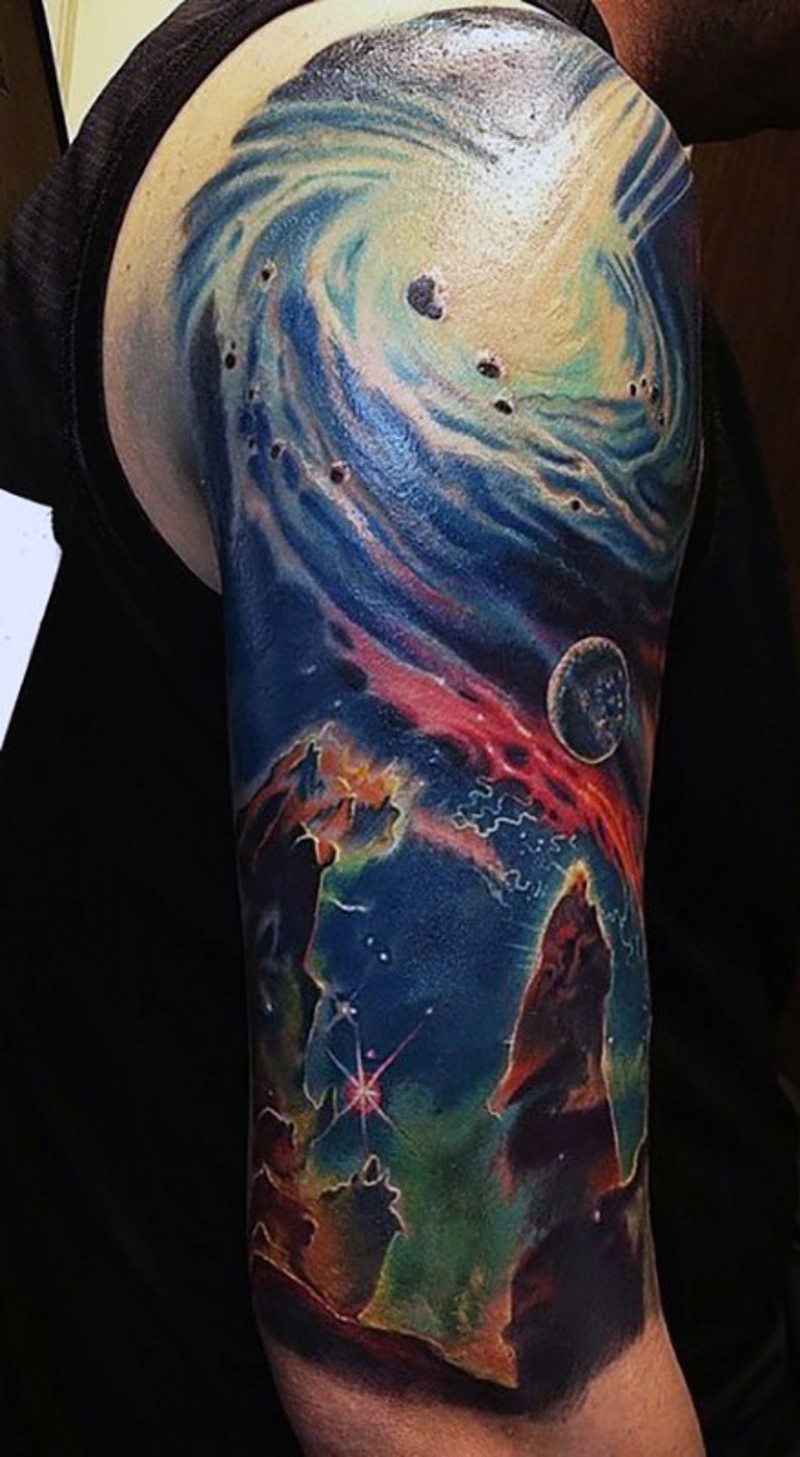 Massive multicolored deep space half sleeve tattoo