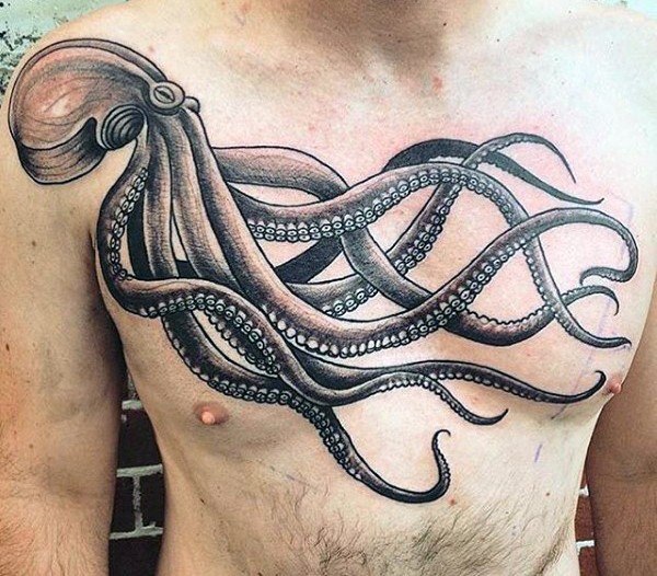 Tatuaje en el pecho, pulpo magnífico con tentáculos largos