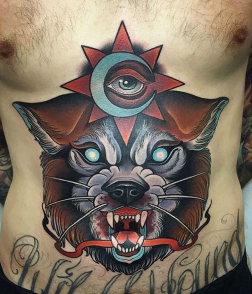 Massive multicolored mystical creepy monster tattoo on belly combined with demonic symbol