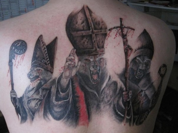 Massive multicolored mystical religious wolfs tattoo on upper back