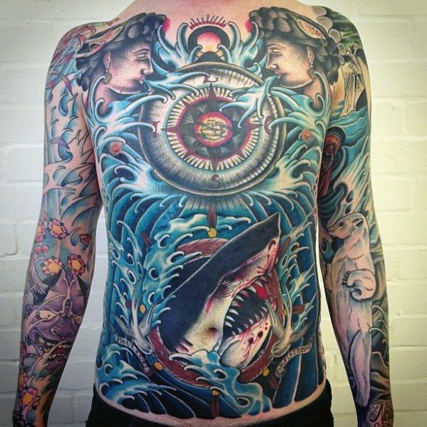 Massive multicolored nautical themed tattoo on chest with shark and compass