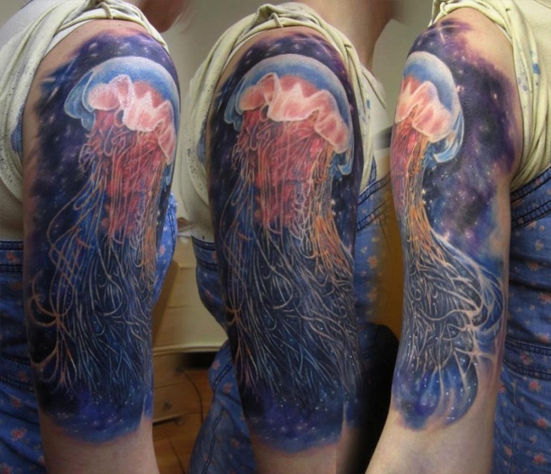 Massive multicolored realistic jelly-fish tattoo on half sleeve area