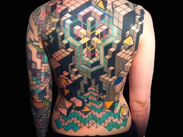 Massive multicolored whole back tattoo of various geometrical figures