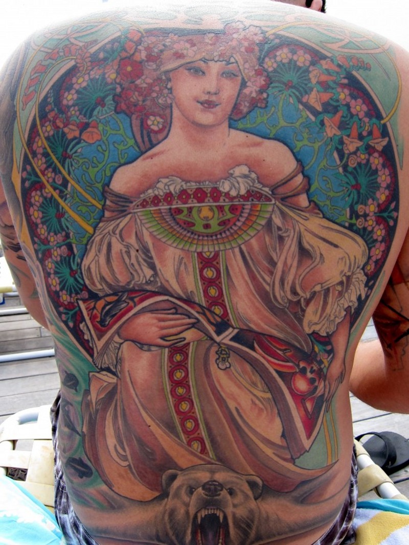 Massive multicolored whole back vintage tattoo of woman portrait in beautiful dress