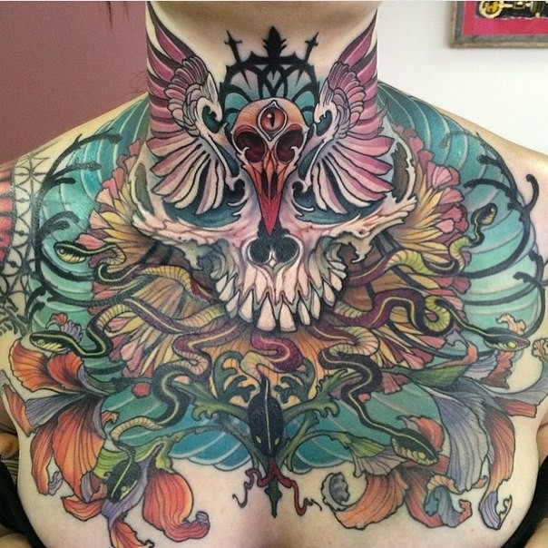 Massive old school colored snakes tattoo on whole chest with human skull and flowers