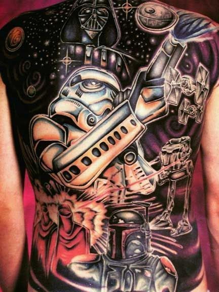 Massive Star Wars themed colorful tattoo on whole back with various heroes