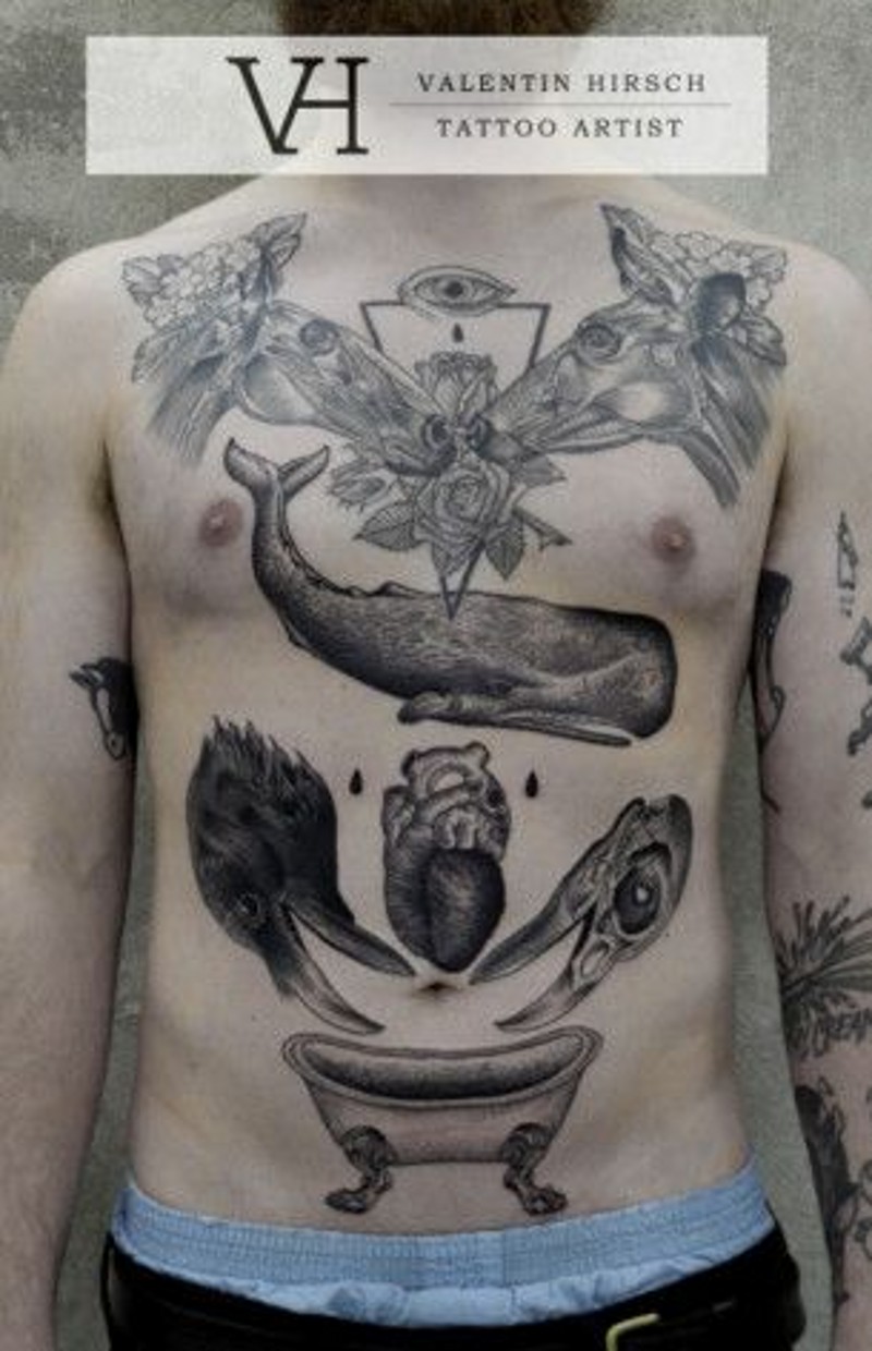 Massive various black ink animals tattoo on whole chest and belly