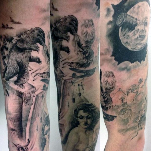 Massive various themes combined black ink tattoo on sleeve