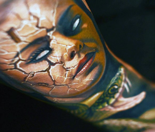 Massive very detailed colored corrupted Medusa tattoo on shoulder