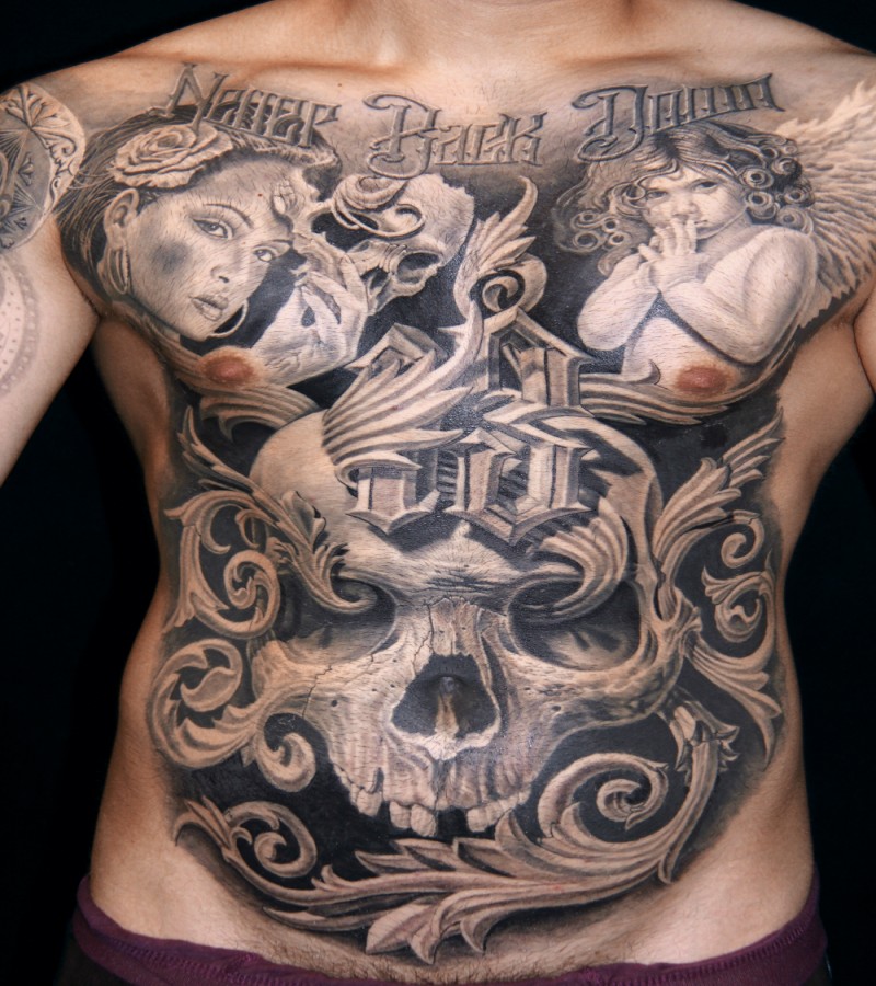 Medieval style black ink chest and belly tattoo of woman with baby angel combined with human skull
