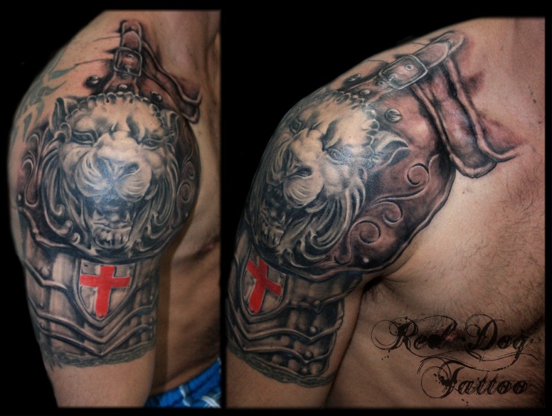Medieval style colored shoulder tattoo of armor with lion head
