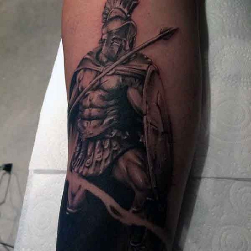 Medium size black and white leg tattoo of ancient warrior
