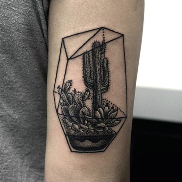 Medium size black ink arm tattoo fo beautiful various cactus