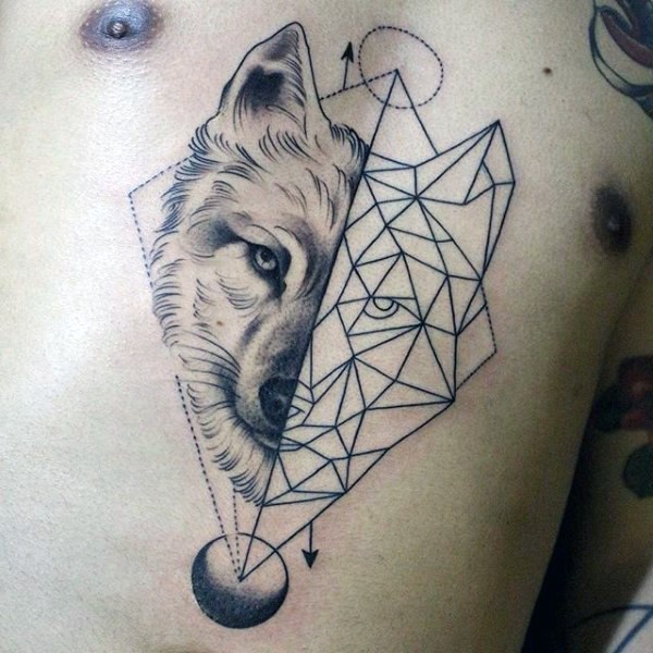 Medium size black ink chest tattoo of wolf head with planets