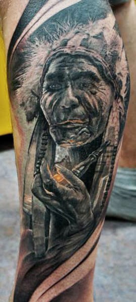 Medium size black ink leg tattoo of old Indian