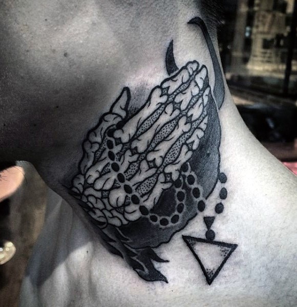 Medium size black ink neck tattoo of praying skeleton hands