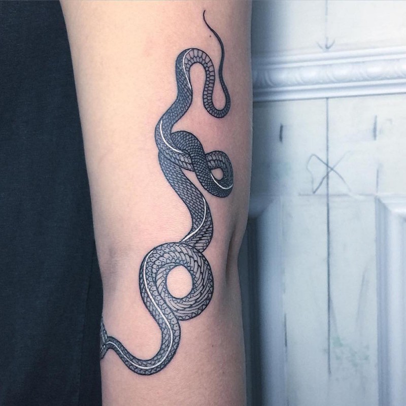 Medium size black ink snake tattoo on arm