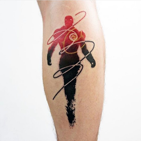 Medium size colored Iron man like tattoo on leg