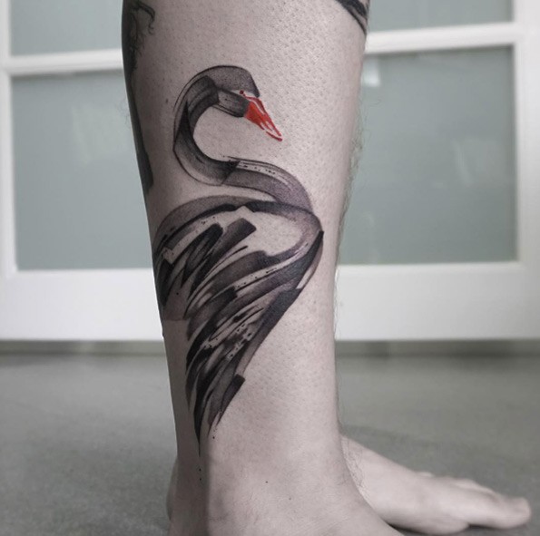 Medium size colored leg tattoo of beautiful swan
