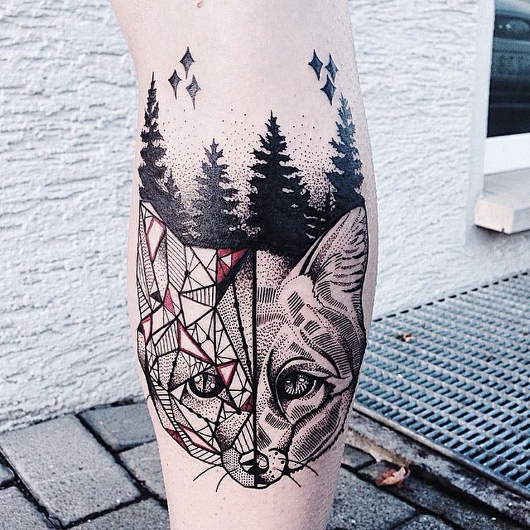 Medium size colored leg tattoo of unusual looking fox with forest