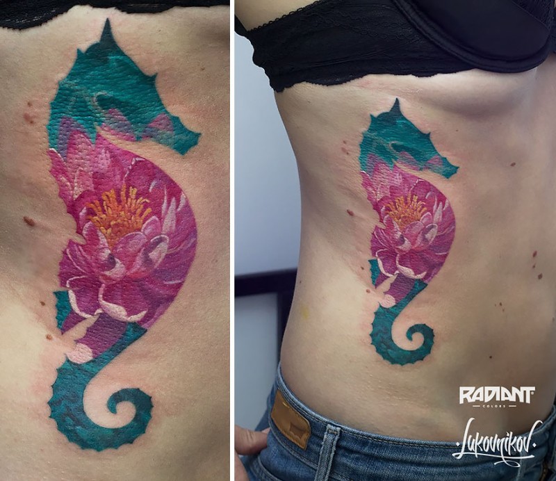 Medium size colored side tattoo of sea horse stylized with flower