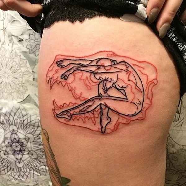 Medium size colored thigh tattoo of animal skull and woman