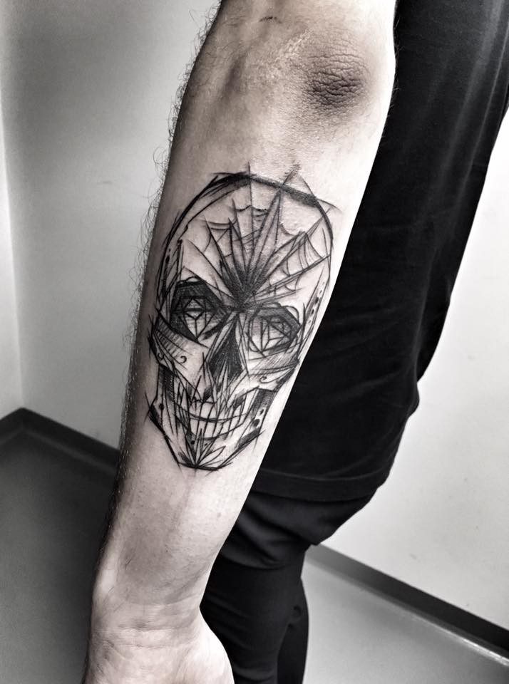 Medium size sketch style painted by Inez Janiak arm tattoo of demonic skull