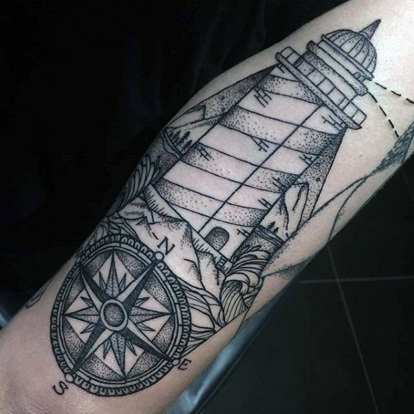 Medium size stippling style sleeve tattoo of lighthouse and compass
