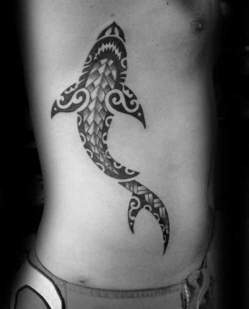 Medium size typical designed black ink side tattoo of Polynesian style shark