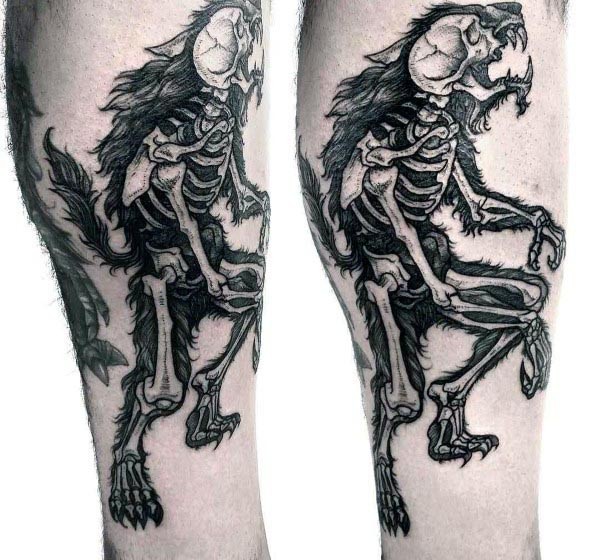 Mittelgroßes schwarzes gefärbtes Bein Tattoo mit Vielfraß Skelett
