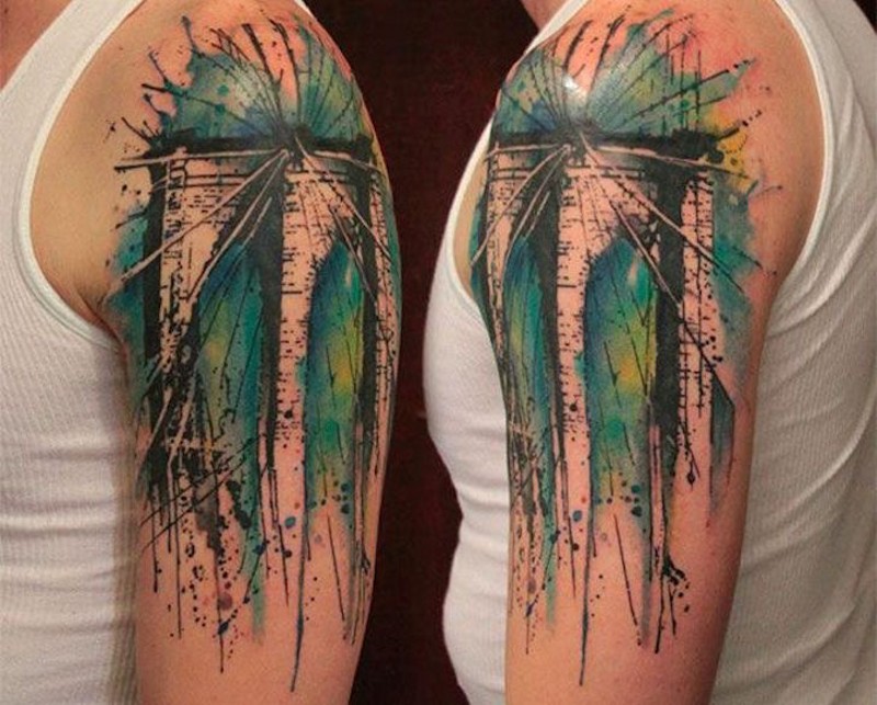 Medium sized colored abstract shoulder tattoo of big famous bridge