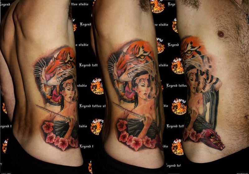 Medium sized colored side tattoo of Asian geisha woman and natural looking tiger
