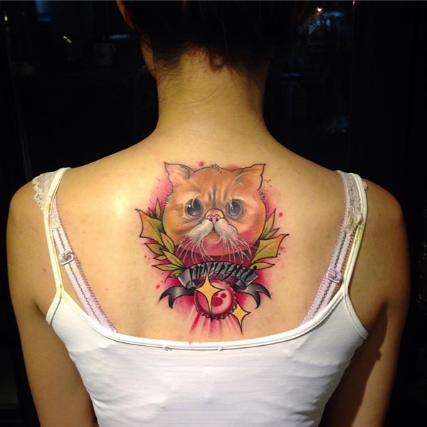 Memorial para meninas estilo colorido volta tatuagem de gato com letras e folhas