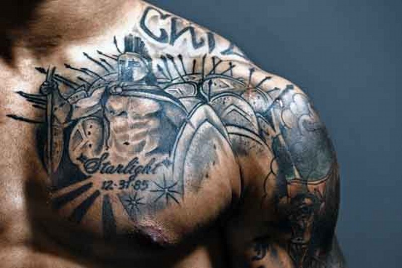 Memorial style black ink glorious Spartan army tattoo on chest with date