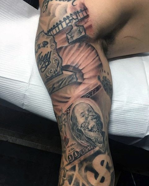 Memorial themed colored sleeve tattoo of cemetery combined with dollars