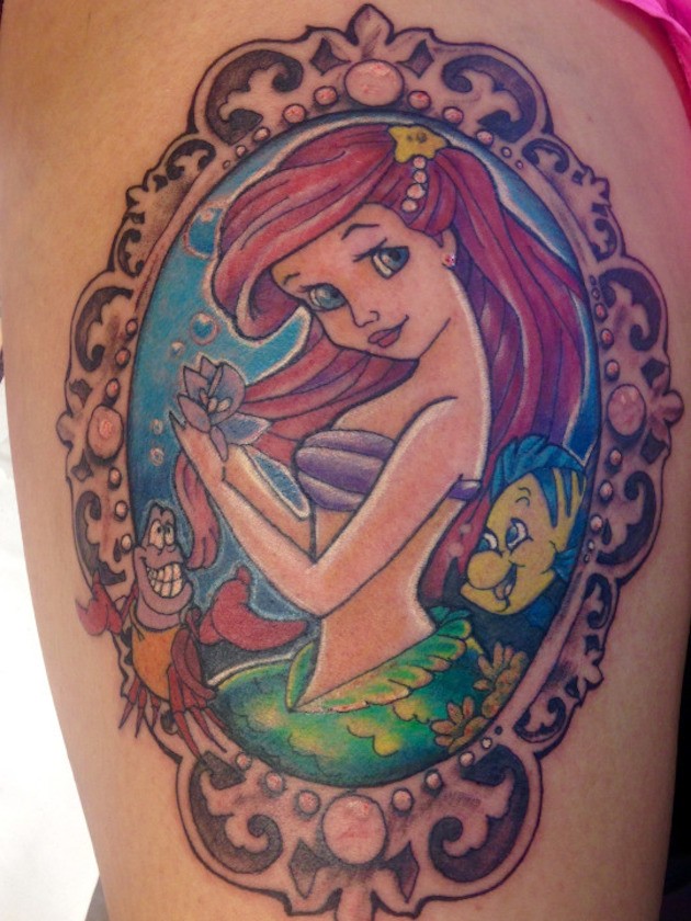 Mermaid Ariel, Sebastian and Flounder traditionally colored framed cartoon tattoo