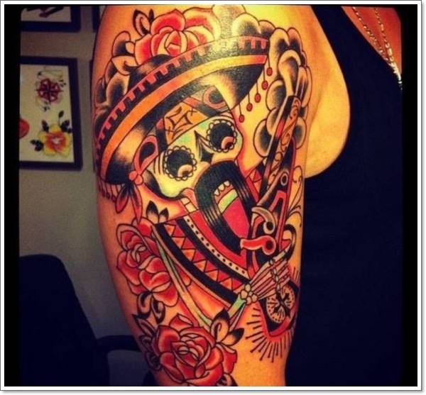 Mexican skeleton with a mustache tattoo on half sleeve