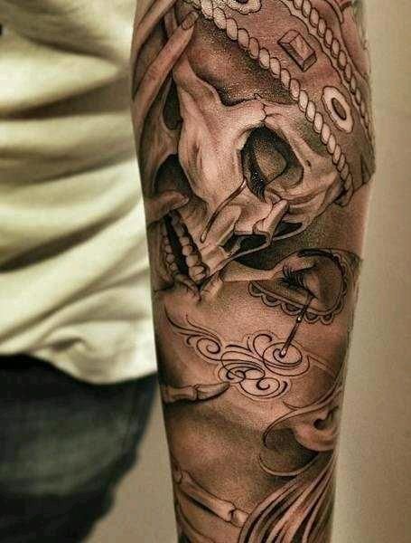 Mexican style black and white creepy kissing skeleton women tattoo on arm