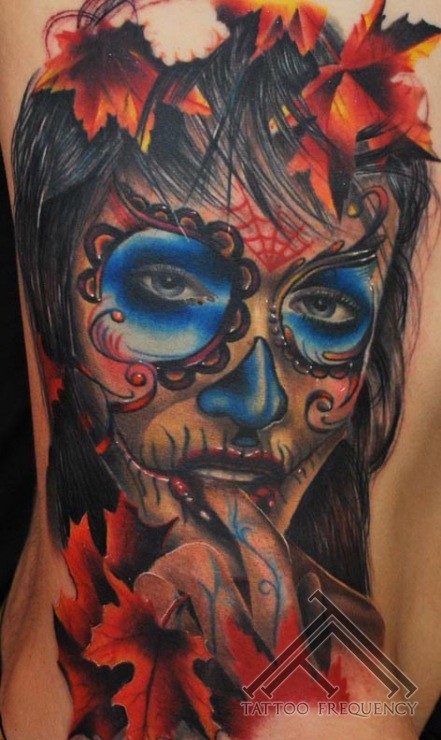 Mexican style colored side tattoo of seductive woman portrait