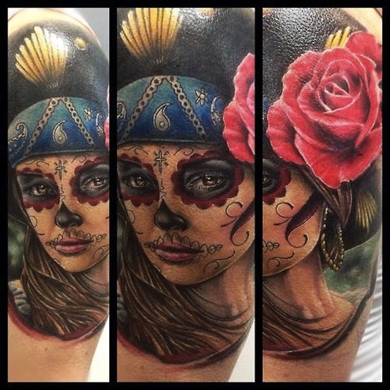 Mexican style colored woman face with roses tattoo
