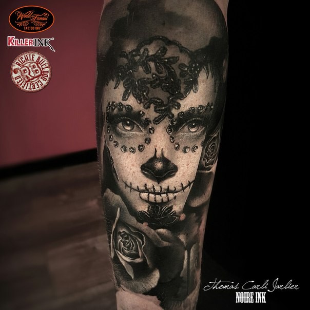 Mexican style detailed arm tattoo of woman with makeup and rose